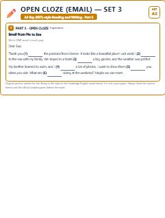 First page of KET Reading and Writing Part 5: Open Cloze (Email) (Set 3), A2 exam practice