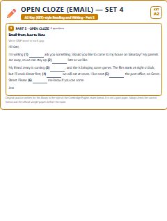 First page of KET Reading and Writing Part 5: Open Cloze (Email) (Set 4), A2 exam practice