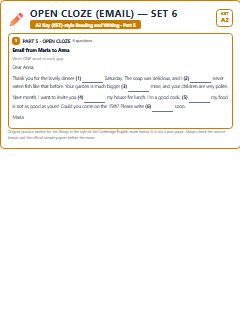First page of KET Reading and Writing Part 5: Open Cloze (Email) (Set 6), A2 exam practice