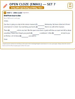 First page of KET Reading and Writing Part 5: Open Cloze (Email) (Set 7), A2 exam practice