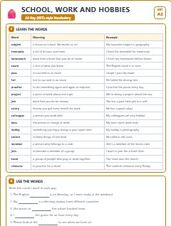 First page of KET Vocabulary: School, Work and Hobbies, A2 vocabulary list