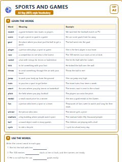 First page of KET Vocabulary: Sports and Games, A2 vocabulary list