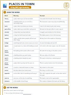 First page of KET Vocabulary: Places in Town, A2 vocabulary list