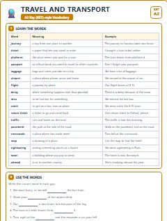 First page of KET Vocabulary: Travel and Transport, A2 vocabulary list