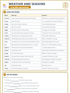 First page of KET Vocabulary: Weather and Seasons, A2 vocabulary list