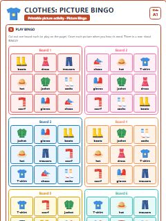 First page of Clothes: Picture Bingo, A1 speaking cards