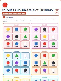 First page of Colours and Shapes: Picture Bingo, A1 speaking cards