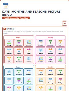 First page of Days, Months and Seasons: Picture Bingo, A1 speaking cards