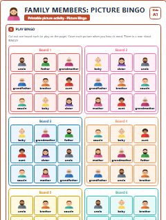 First page of Family Members: Picture Bingo, A1 speaking cards