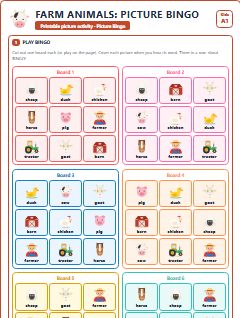 First page of Farm Animals: Picture Bingo, A1 speaking cards