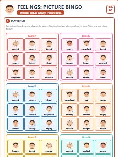 First page of Feelings: Picture Bingo, A1 speaking cards
