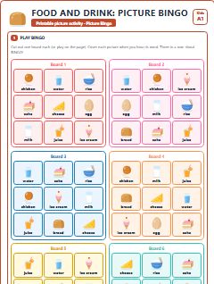 First page of Food and Drink: Picture Bingo, A1 speaking cards