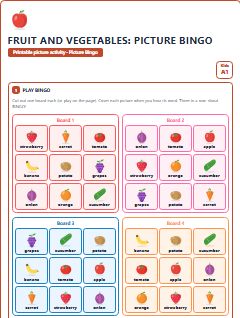 First page of Fruit and Vegetables: Picture Bingo, A1 speaking cards