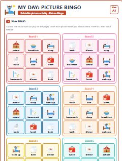 First page of My Day: Picture Bingo, A1 speaking cards
