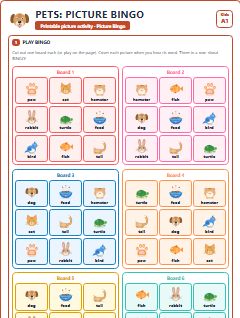 First page of Pets: Picture Bingo, A1 speaking cards