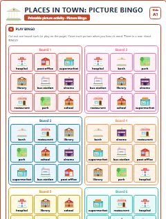 First page of Places in Town: Picture Bingo, A1 speaking cards