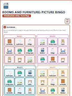 First page of Rooms and Furniture: Picture Bingo, A1 speaking cards