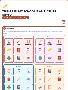 First page of Things in My School Bag: Picture Bingo, A1 speaking cards
