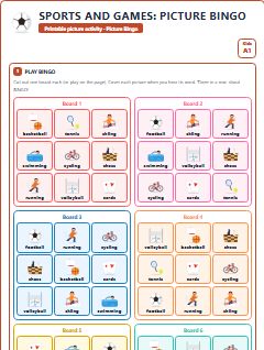 First page of Sports and Games: Picture Bingo, A1 speaking cards