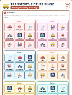 First page of Transport: Picture Bingo, A1 speaking cards