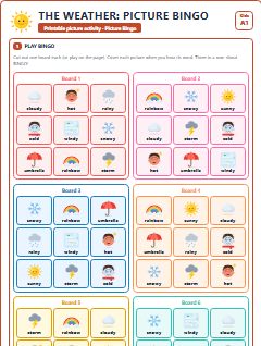 First page of The Weather: Picture Bingo, A1 speaking cards