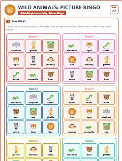 First page of Wild Animals: Picture Bingo, A1 speaking cards