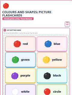 First page of Colours and Shapes: Picture Flashcards, A1 speaking cards