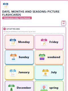 First page of Days, Months and Seasons: Picture Flashcards, A1 speaking cards