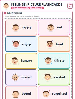 First page of Feelings: Picture Flashcards, A1 speaking cards