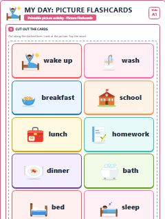 First page of My Day: Picture Flashcards, A1 speaking cards