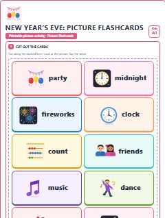 First page of New Year’s Eve: Picture Flashcards, A1 speaking cards