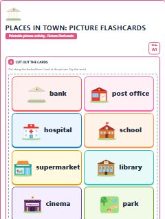 First page of Places in Town: Picture Flashcards, A1 speaking cards