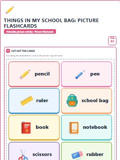 First page of Things in My School Bag: Picture Flashcards, A1 speaking cards
