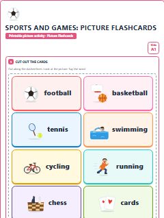 First page of Sports and Games: Picture Flashcards, A1 speaking cards