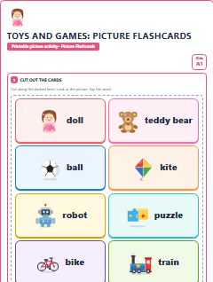 First page of Toys and Games: Picture Flashcards, A1 speaking cards