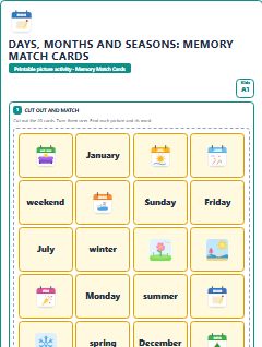 First page of Days, Months and Seasons: Memory Match Cards, A1 speaking cards