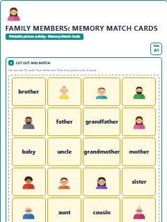First page of Family Members: Memory Match Cards, A1 speaking cards