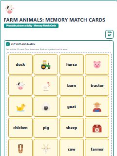 First page of Farm Animals: Memory Match Cards, A1 speaking cards