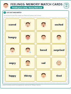First page of Feelings: Memory Match Cards, A1 speaking cards