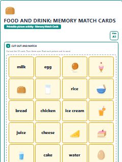 First page of Food and Drink: Memory Match Cards, A1 speaking cards