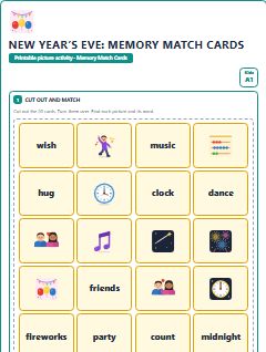 First page of New Year’s Eve: Memory Match Cards, A1 speaking cards