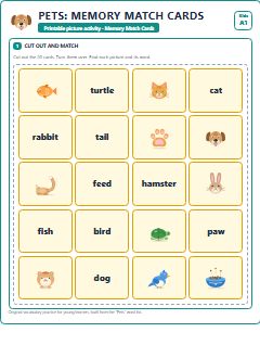 First page of Pets: Memory Match Cards, A1 speaking cards