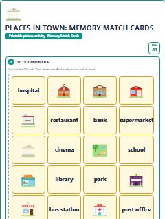 First page of Places in Town: Memory Match Cards, A1 speaking cards