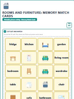 First page of Rooms and Furniture: Memory Match Cards, A1 speaking cards