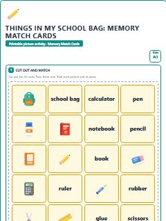 First page of Things in My School Bag: Memory Match Cards, A1 speaking cards