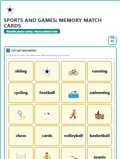 First page of Sports and Games: Memory Match Cards, A1 speaking cards