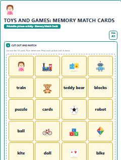 First page of Toys and Games: Memory Match Cards, A1 speaking cards