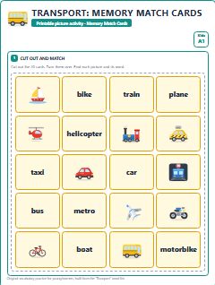 First page of Transport: Memory Match Cards, A1 speaking cards