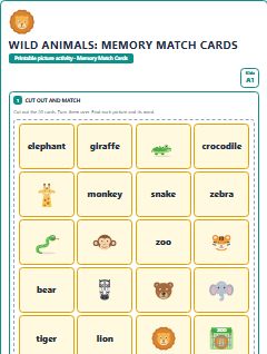 First page of Wild Animals: Memory Match Cards, A1 speaking cards
