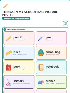 First page of Things in My School Bag: Picture Poster, A1 posters